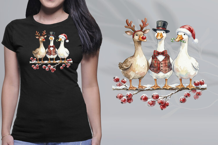 Watercolor Christmas Geese Trio Reindeer Santa PNG example image 1