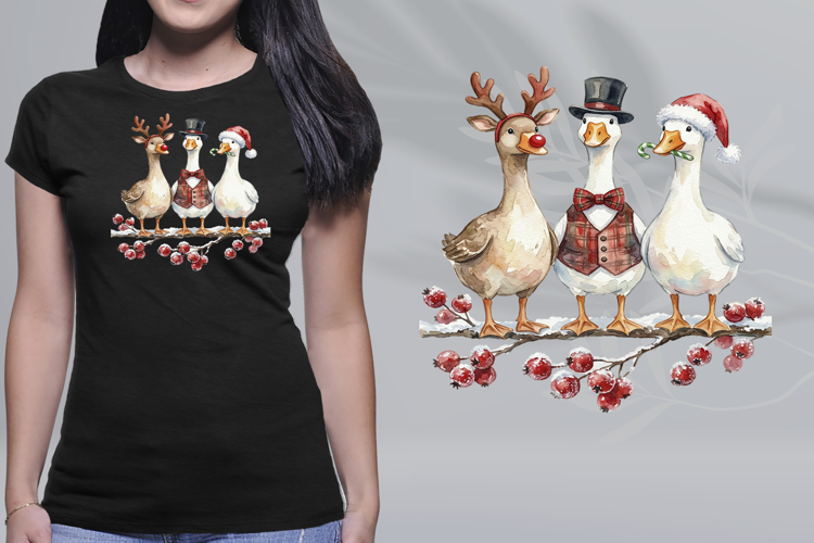 Watercolor Christmas Geese Trio Reindeer Santa PNG