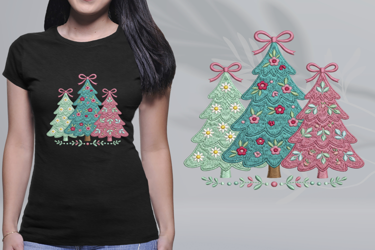 Embroidered Christmas Trees Trio Pastel Pink Bows PNG
