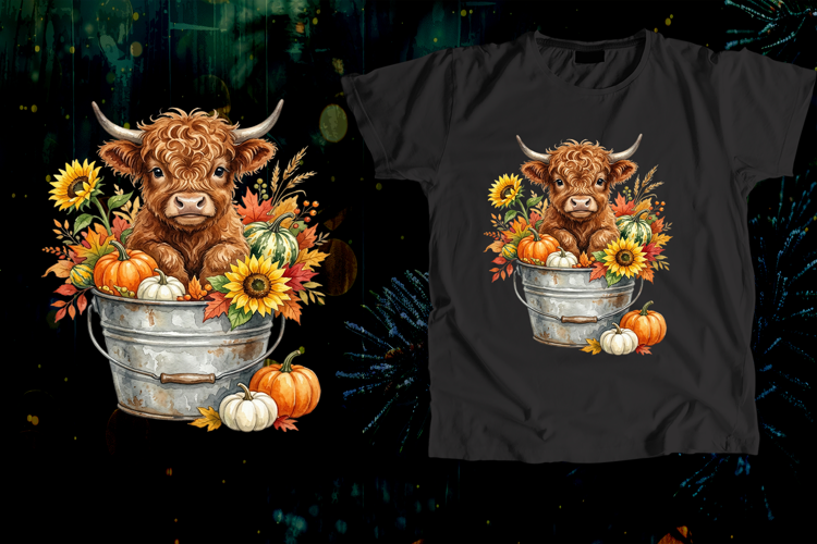 Fluffy Highland Cow in Bucket Fall Sunflower Art