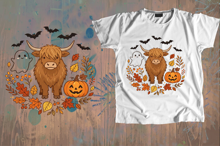 Stylized Brown Highland Cow Halloween Ghost Art example image 1