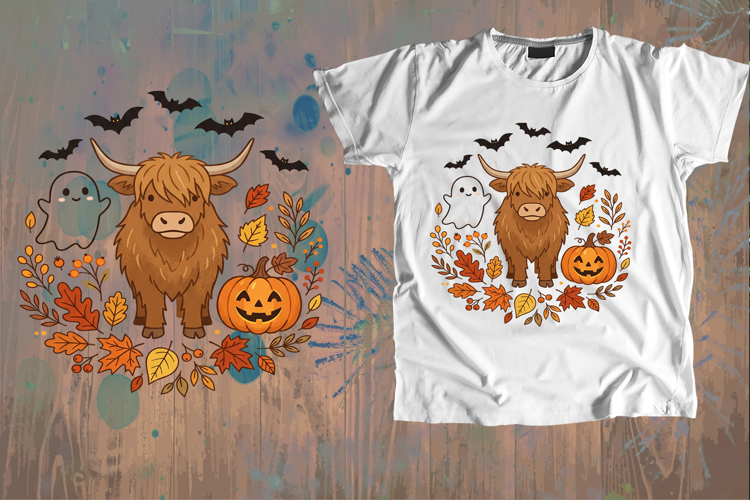 Stylized Brown Highland Cow Halloween Ghost Art