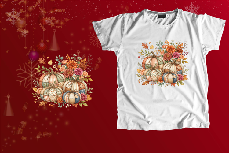 Watercolor Patchwork Pumpkin Floral Bouquet PNG