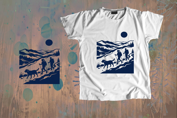 Hiking Couple and Dog Mountain Silhouette Art example image 1