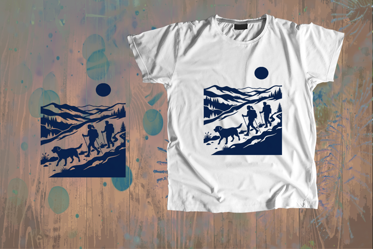 Hiking Couple and Dog Mountain Silhouette Art