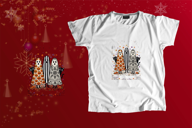 Embroidered Ghosts Black Cats Halloween PNG Clipart