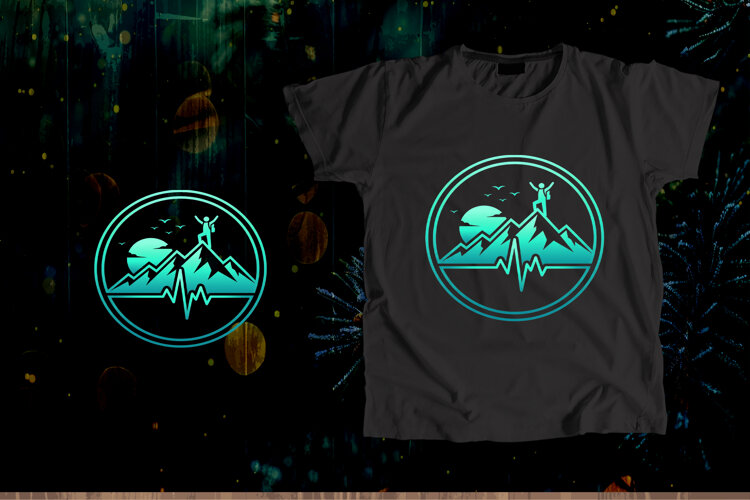 Turquoise Circular Hiker EKG Mountain Vector Art example image 1