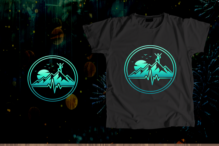 Turquoise Circular Hiker EKG Mountain Vector Art