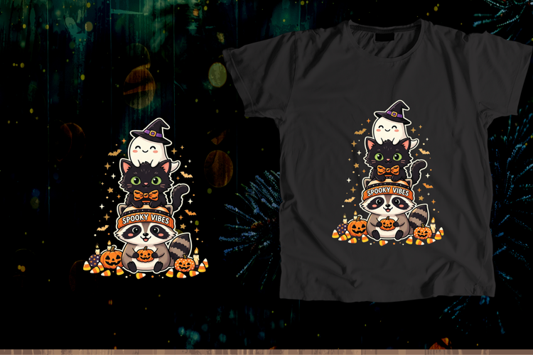 Cute Stacked Spooky Vibes Halloween Animals PNG Design