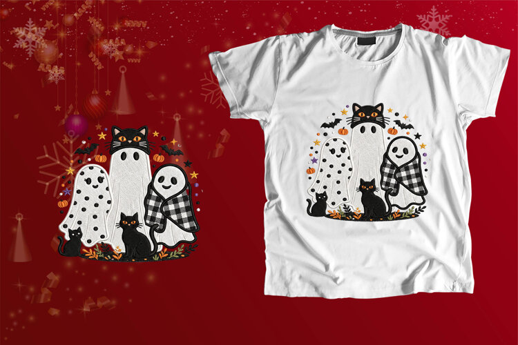 Embroidered Ghost Cat Halloween Sublimation Art example image 1
