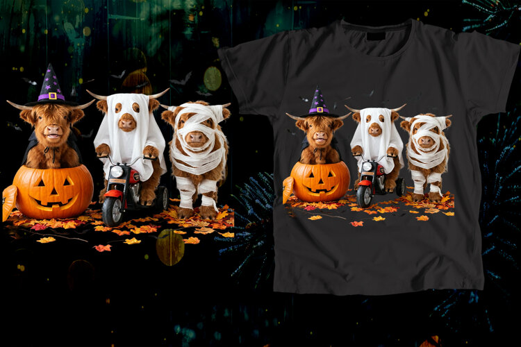 Three Funny Halloween Highland Cows Costume Art example image 1