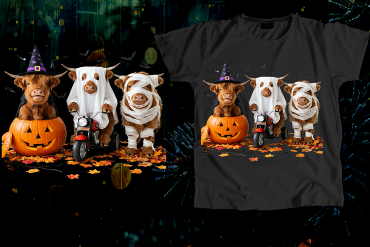 Three Funny Halloween Highland Cows Costume Art