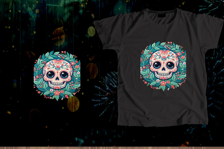 Chibi Sugar Skull Floral Embroidery Art example image 1