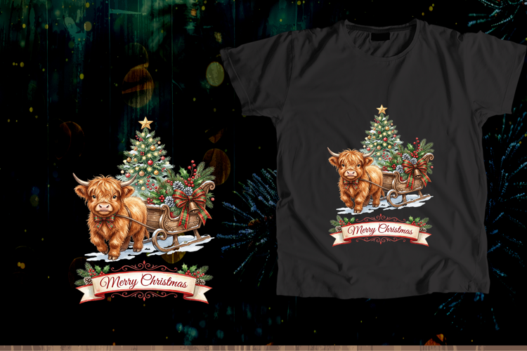 Cute Highland Cow Merry Christmas Sleigh Digital Design