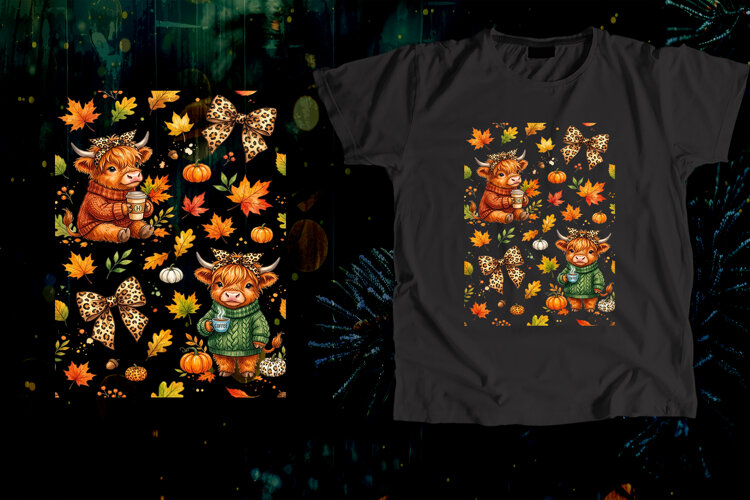 Cozy Highland Cow Coffee Autumn Seamless Pattern Art example image 1