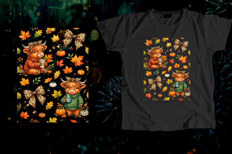 Cozy Highland Cow Coffee Autumn Seamless Pattern Art