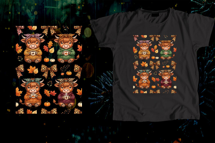Cozy Highland Cow Coffee Autumn Seamless Pattern Art example image 1