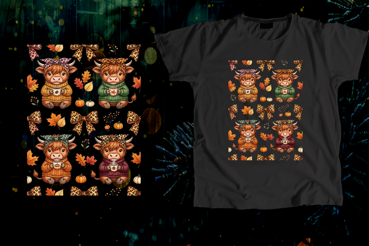 Cozy Highland Cow Coffee Autumn Seamless Pattern Art