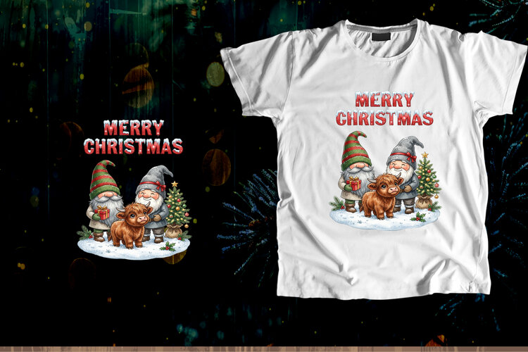 Gnomes Highland Cow Merry Christmas Art example image 1