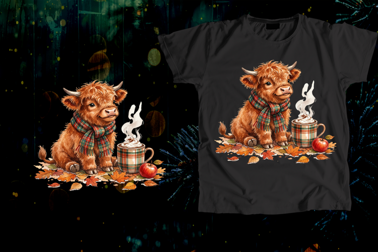 Baby Highland Cow Plaid Scarf Coffee Fall Art