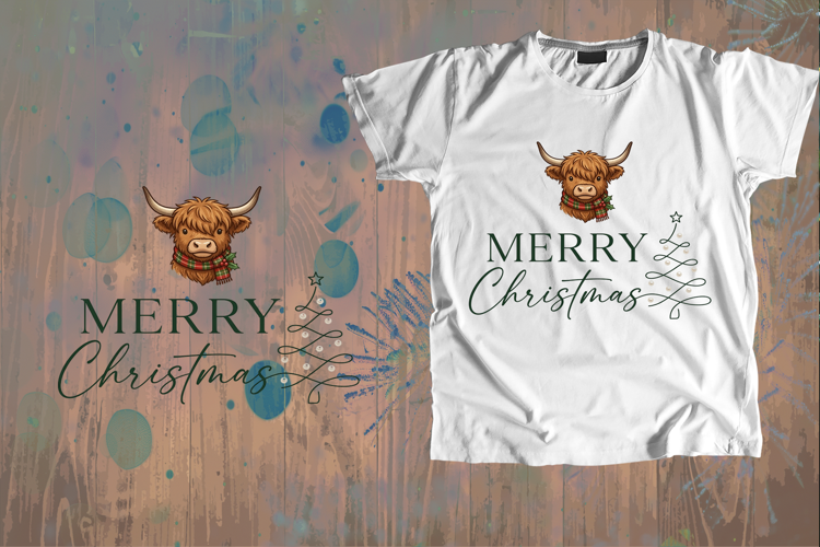 Highland Cow Merry Christmas Tree Art