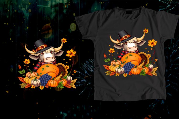 Pilgrim Hat Highland Cow Thanksgiving Pumpkin Art