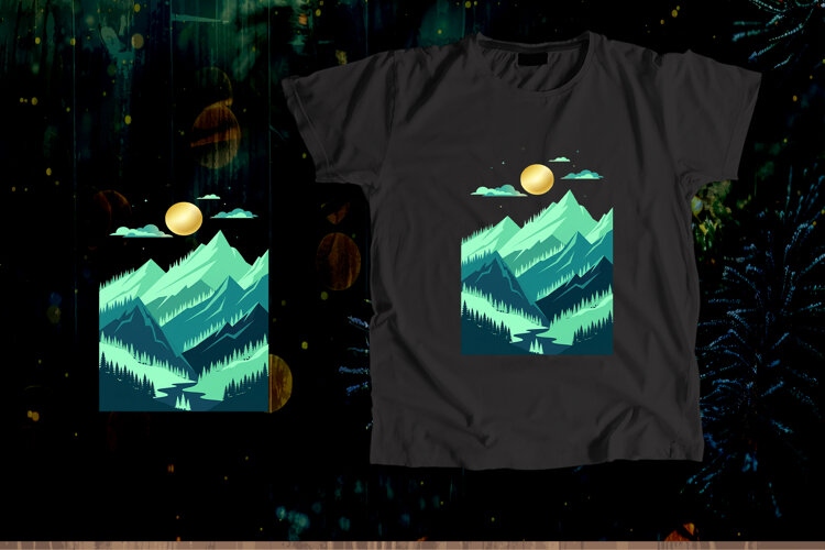 Mint Green Night Mountain Landscape Vector Art example image 1