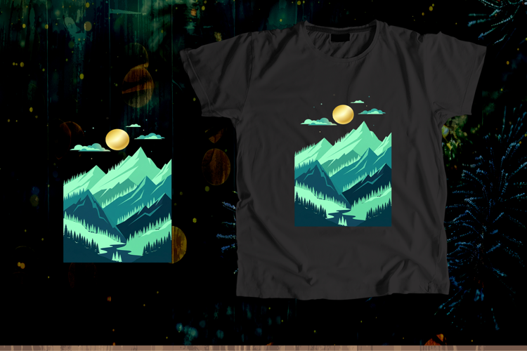 Mint Green Night Mountain Landscape Vector Art