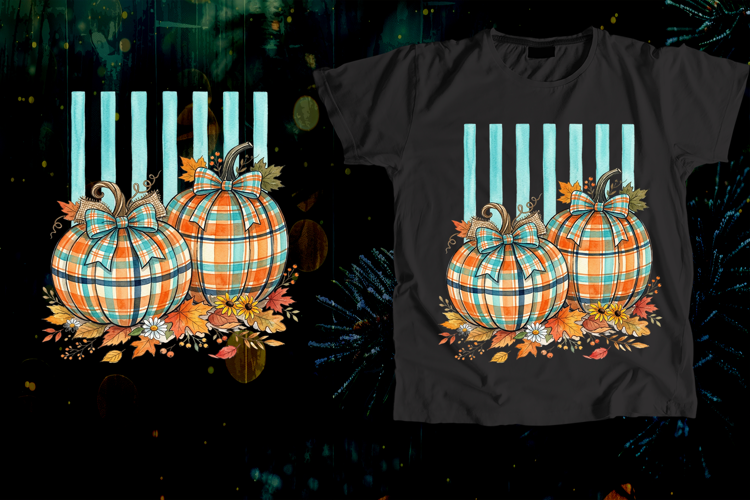 Watercolor Plaid Pumpkins Turquoise Fall Art