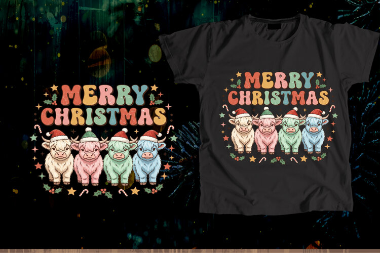 Retro Merry Christmas Highland Cows Santa Hats PNG example image 1