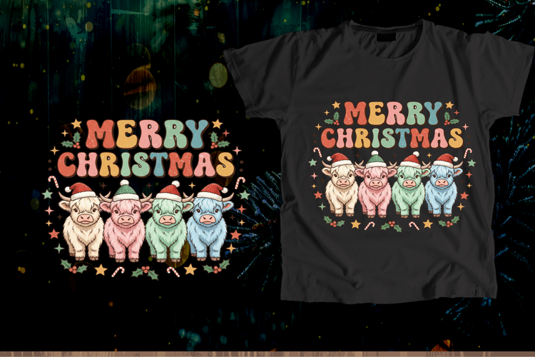 Retro Merry Christmas Highland Cows Santa Hats PNG