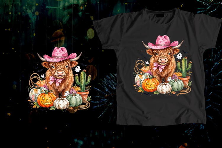 Pink Cowgirl Hat Highland Cow Halloween Pumpkin Art