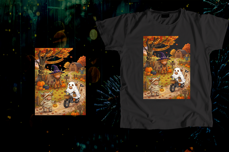 Spooky Farm Halloween Highland Cows Ghost Pumpkin Art