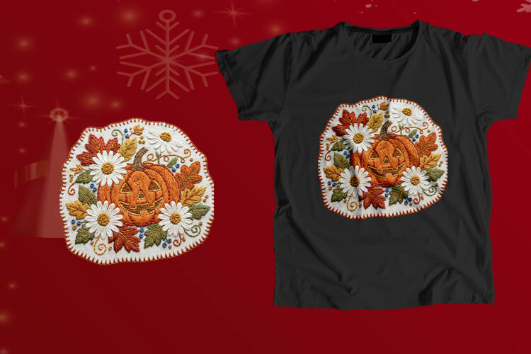 Embroidered Jack-o'-Lantern Pumpkin Daisy PNG example image 1