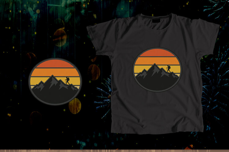 Retro Sunset Mountain Hiker Circular Vector Art example image 1