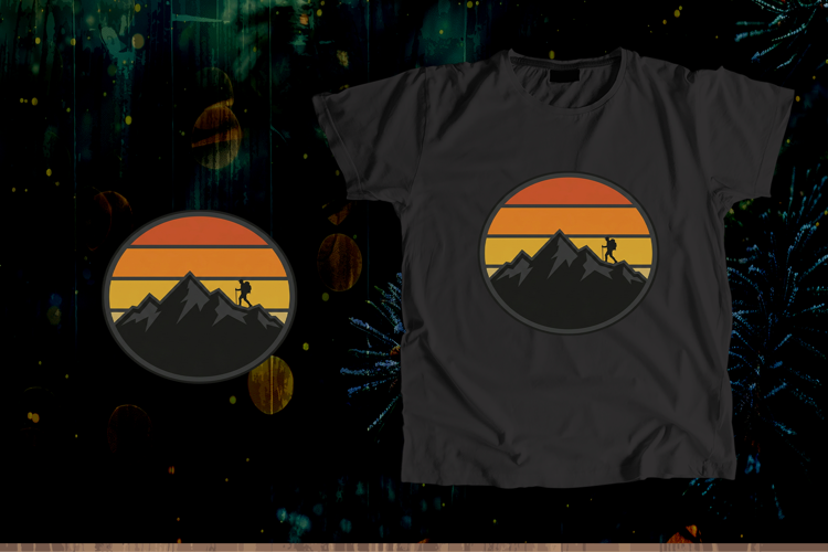 Retro Sunset Mountain Hiker Circular Vector Art