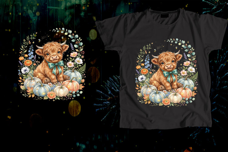 Baby Highland Cow Teal Bow Pumpkin Floral Art example image 1