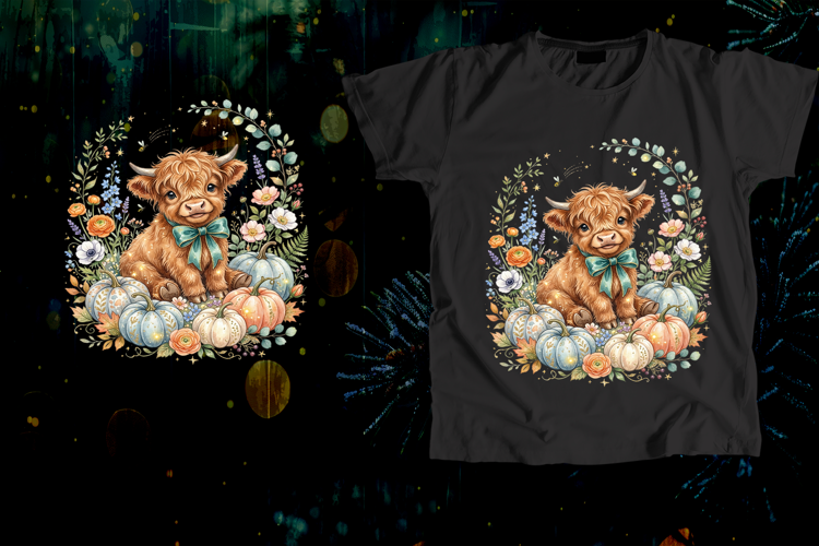 Baby Highland Cow Teal Bow Pumpkin Floral Art
