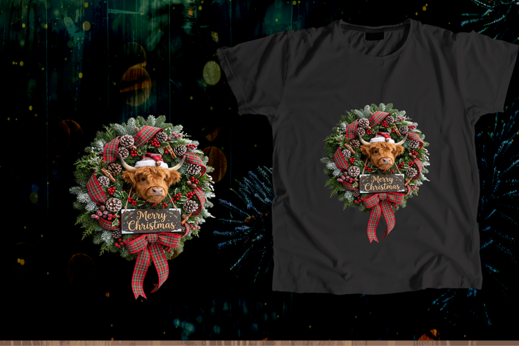 Highland Cow Christmas Wreath Plaid Sign Sublimation Art