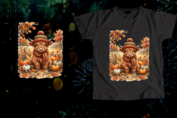 Highland Cow Beanie Scarf Fall Pumpkin Art example image 1