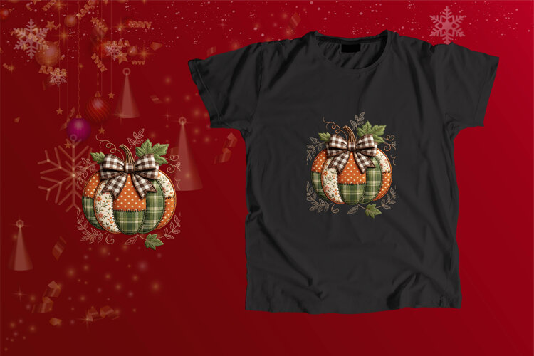 Embroidered Patchwork Pumpkin Gingham Bow Fall PNG example image 1