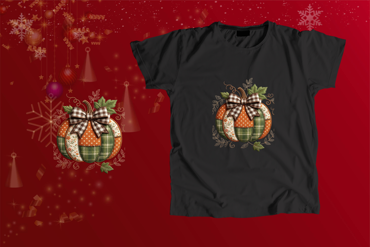 Embroidered Patchwork Pumpkin Gingham Bow Fall PNG