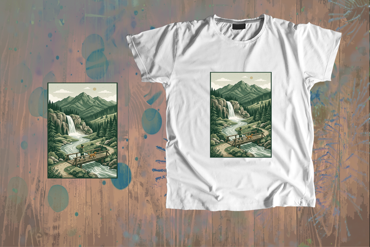 Hiker and Dog Waterfall Mountain Landscape Art