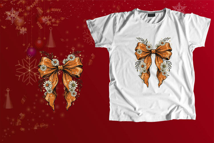 Vintage Orange Ribbon Bow Daisy Fall PNG example image 1