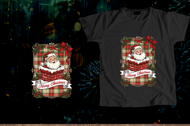 Vintage Santa Chimney Merry Christmas Plaid Art
