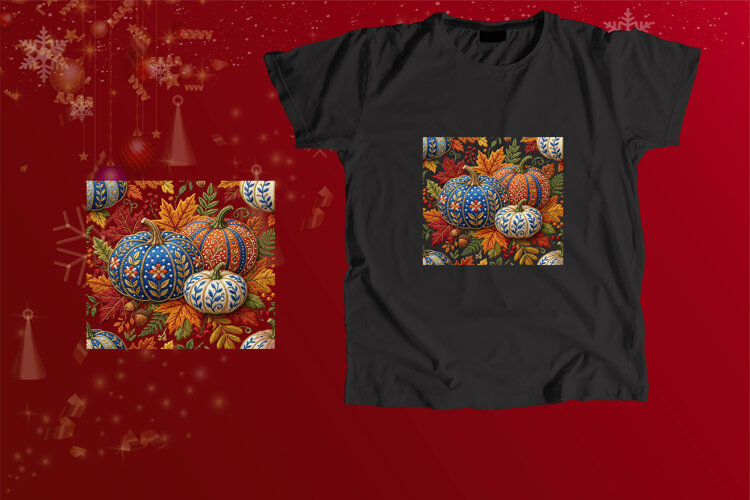 Embroidered Blue and White Pumpkins Seamless Sublimation Art example image 1