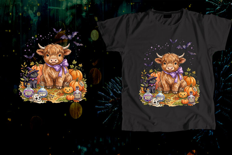 Highland Cow Purple Bow Witch Cat Halloween Art example image 1