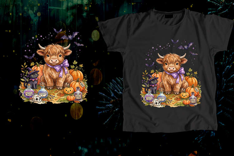 Highland Cow Purple Bow Witch Cat Halloween Art