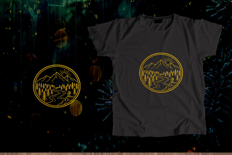 Golden Circular Emblem Mountain River Hiker Art example image 1