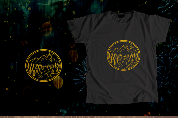 Golden Circular Emblem Mountain River Hiker Art